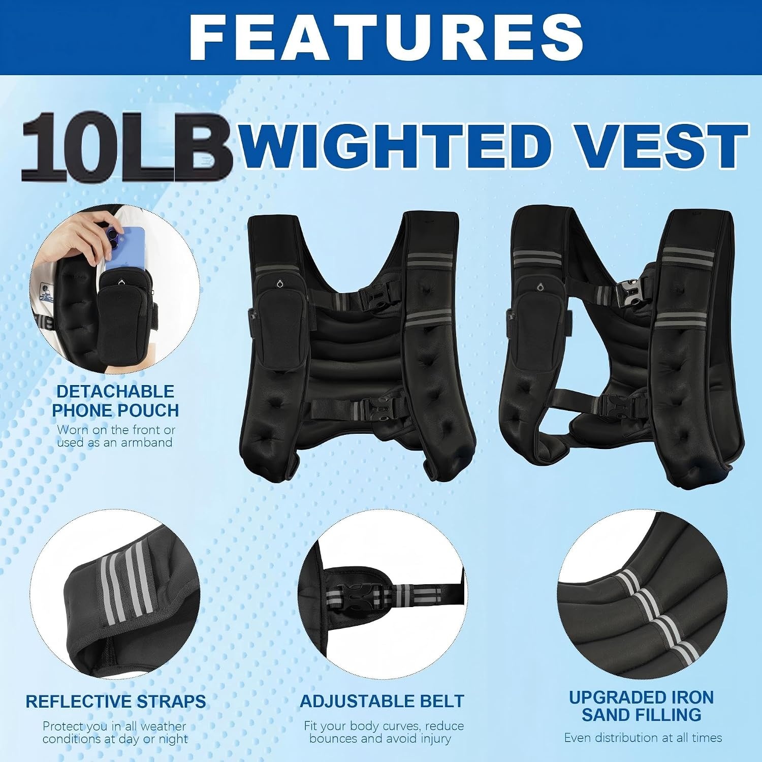 image:imageFitvids Weighted Vest for Women amp Men Weight Vest with Detachable Phone Pouch for Walking Running Workout amp Strength Training 6lb8lb10lb Body Weight Vests for Fitness with Reflective Stripe10lb