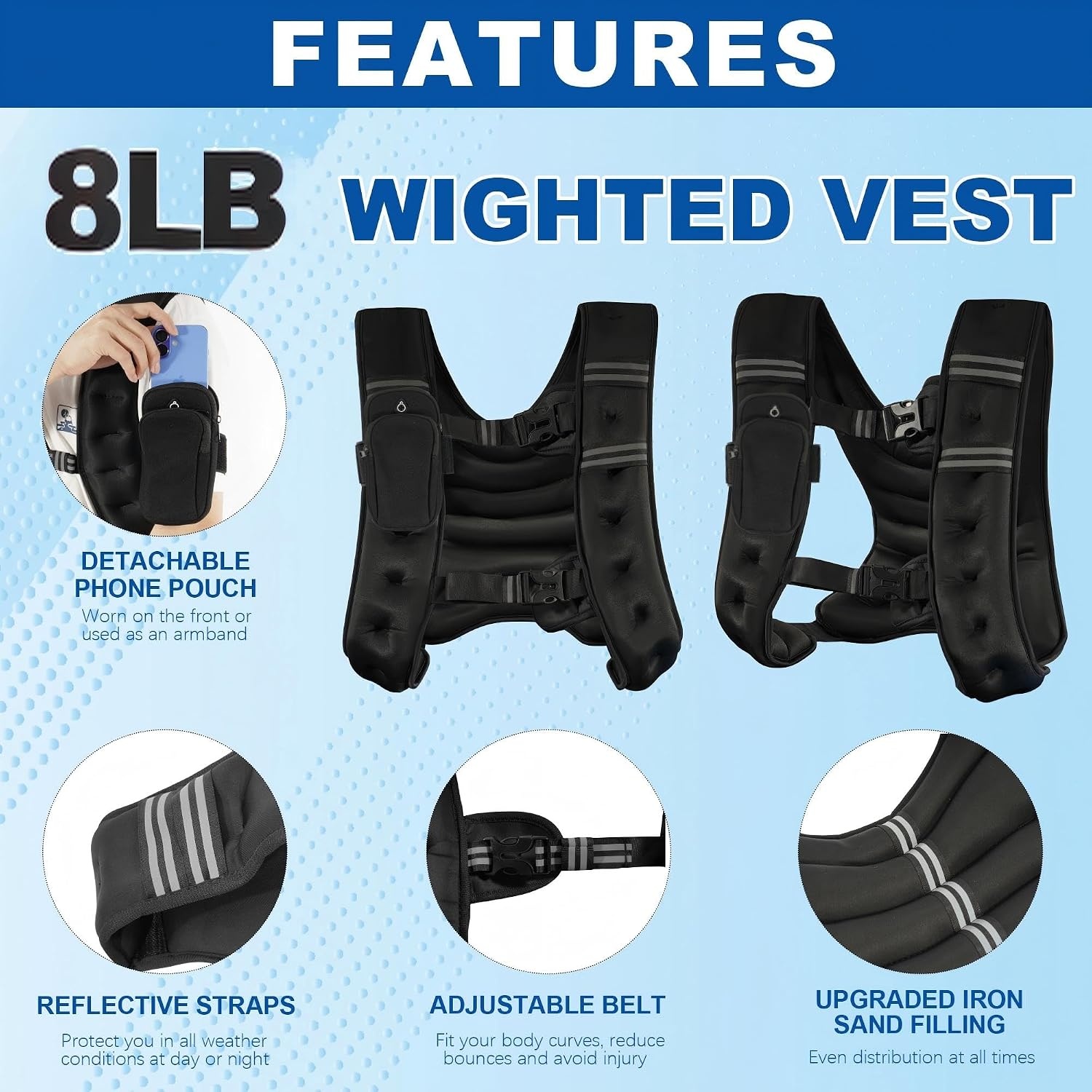 image:imageFitvids Weighted Vest for Women amp Men Weight Vest with Detachable Phone Pouch for Walking Running Workout amp Strength Training 6lb8lb10lb Body Weight Vests for Fitness with Reflective Stripe8lb